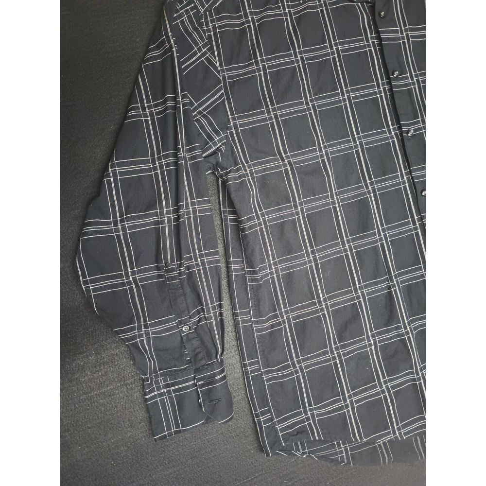 Geoffrey Beene Mens‎ L Button Up Black Plaid Long Sleeve Shirt A7004 - Picture 2 of 9